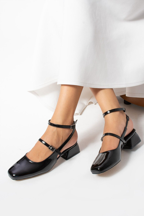 Kadın Topuklu Ayakkabı Siyah Abiye Kısa Topuklu Rugan - Günlük Ve Özel Gün Kullanımı