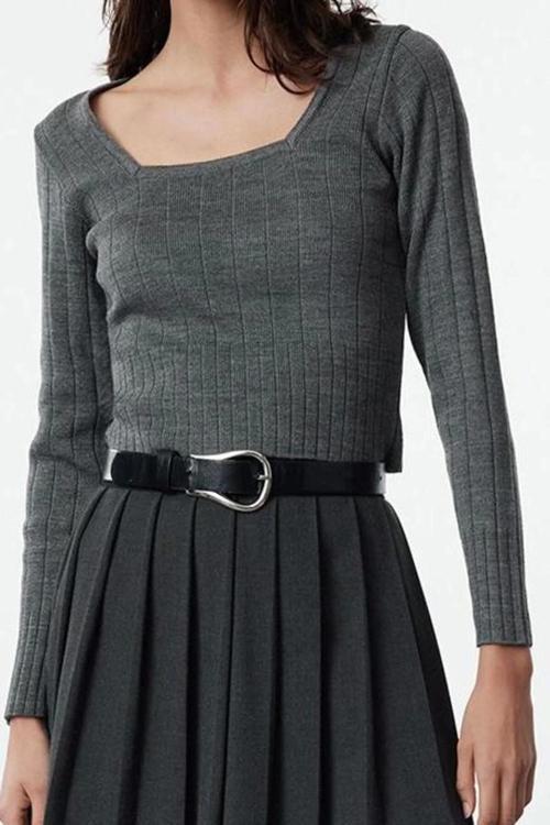 Stil Modern Kadın Crop Standart Kol Kare Yaka Triko Kazak