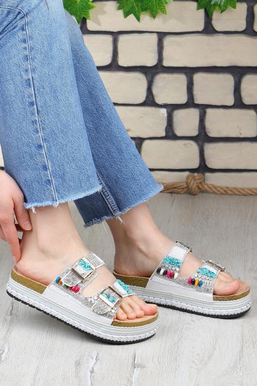 Quenn Taş Boncuk Detaylı Deniz Plaj Günlük Kadın Terlik