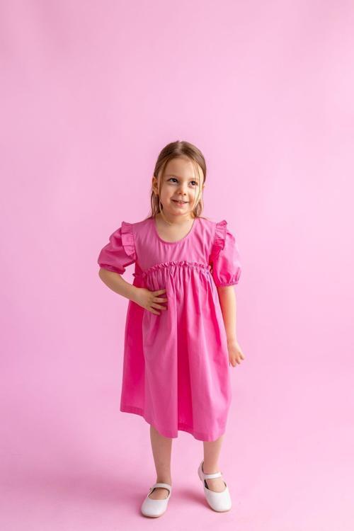 Robadan Fırfır Büzgülü Kolları Lastikli Poplin Kız Çocuk Elbise Pembe