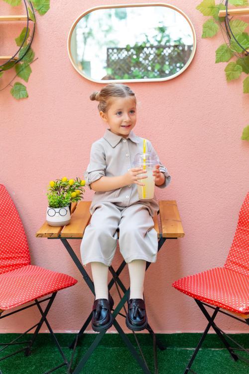 Yakalı Pileli Kız Çocuk Tulum Bej