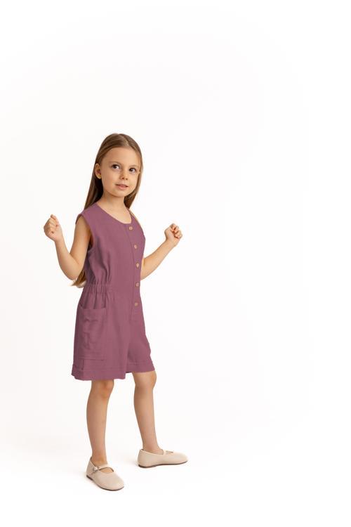 Yanları Cepli Kısa Boy Keten Tulum Mürdüm