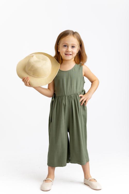 Yeşil Pamuklu Kolsuz Arkası Düğmeli Çift Bağcıklı Kız Çocuk Tulum Yeşil