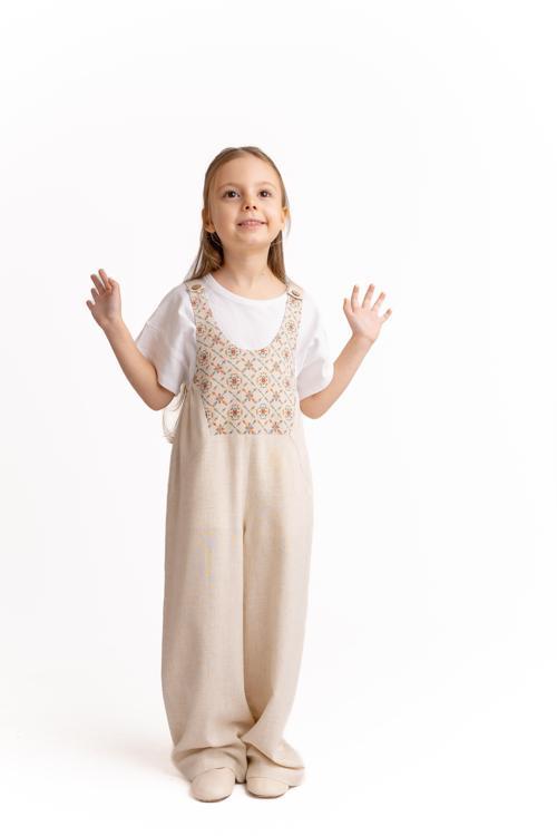 Roba Komple Nakışlı Keten Salopet Natürel 