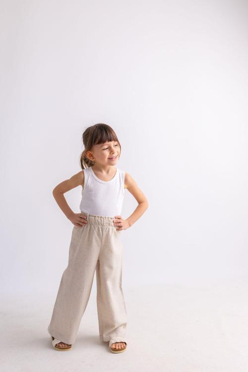 Bej Keten Beli Fırfırlı Lastikli Geniş Paça Kız Çocuk Pantolon Bej