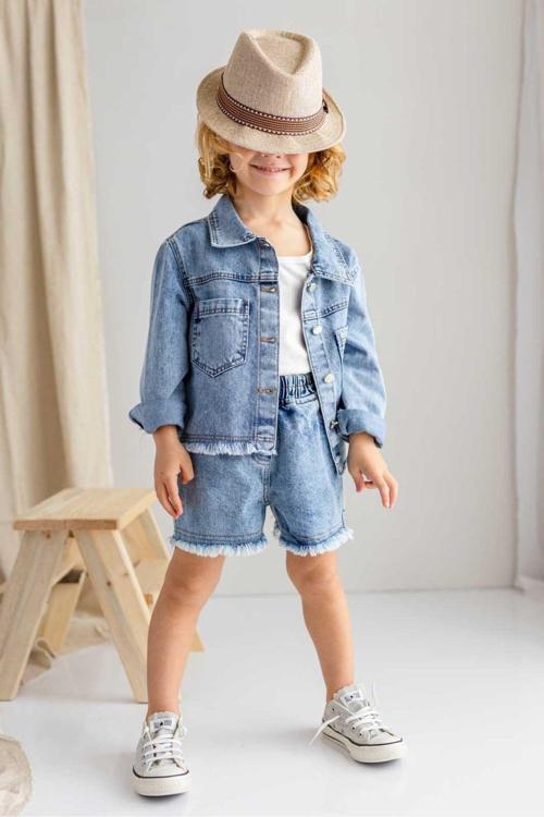 Açık Mavi Beli Lastikli Uçları Tiftikli Unisex Kot Şort Mavi