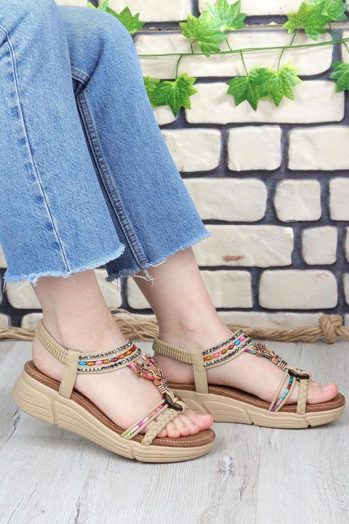 Bead Rahat Boncuk Taş Detaylı Lastikli Kadın Sandalet