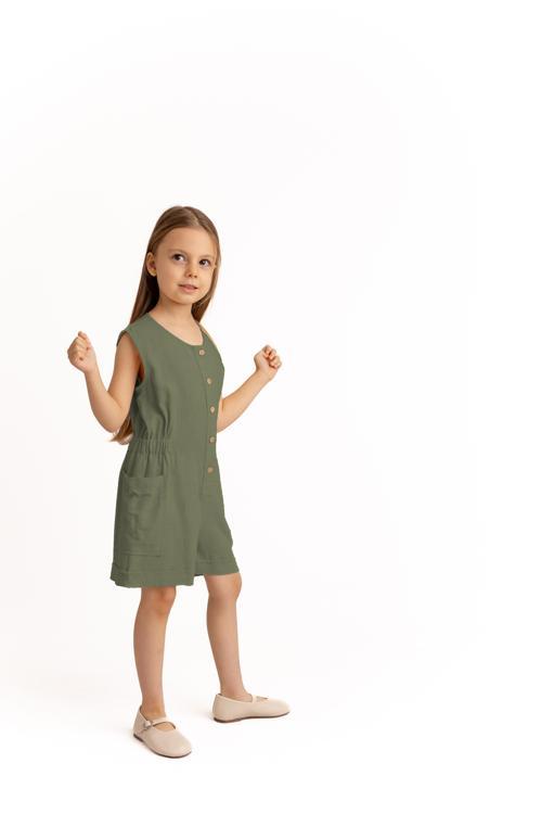 Yanları Cepli Kısa Boy Keten Tulum Haki