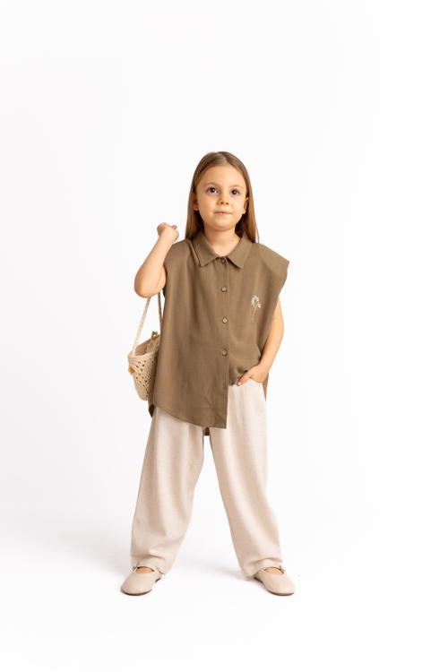 Fiyonklu Nakışlı Keten Kız Çocuk Gömlek Caramel