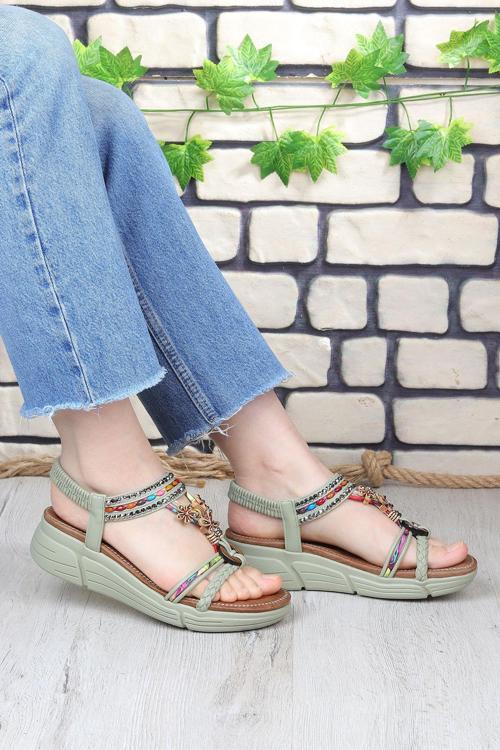 Bead Rahat Boncuk Taş Detaylı Lastikli Kadın Sandalet