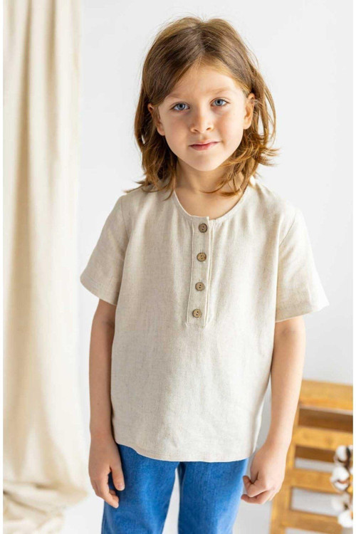 Bej Keten Yarım Patlı Düğmeli Bisiklet Yaka Kısa Kol Erkek Çocuk Gömlek Bej