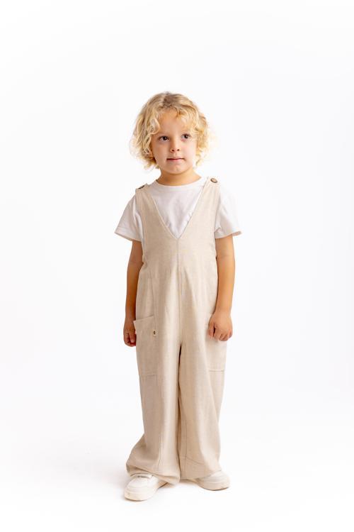 Unisex V Yaka Paça Lastikli Keten Salopet Naturel