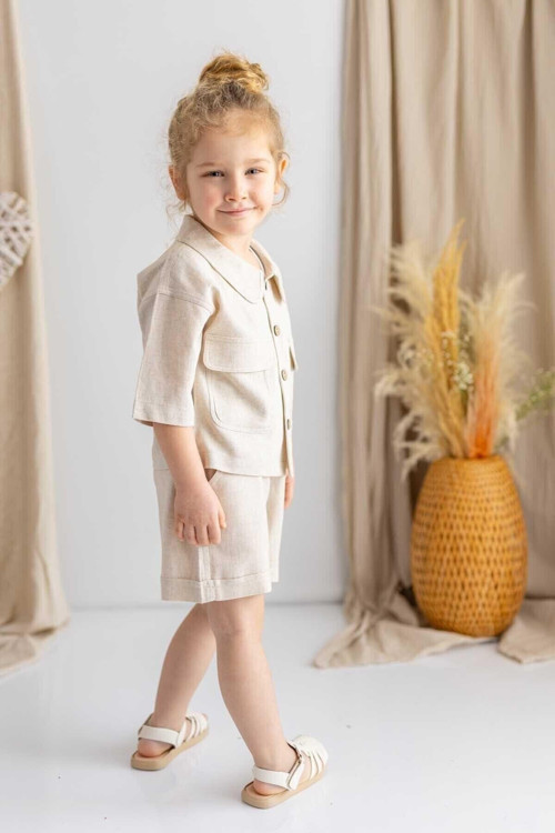 Bej Naturel Keten Beli Lastikli Bağcıklı Cepli Unisex Şort Bej