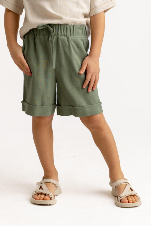 Haki Keten Beli Lastikli Bağcıklı Cepli Unisex Şort Haki