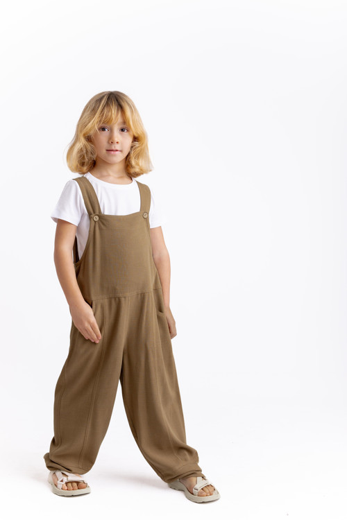 Unisex Bol Paça Keten Salopet Caramel