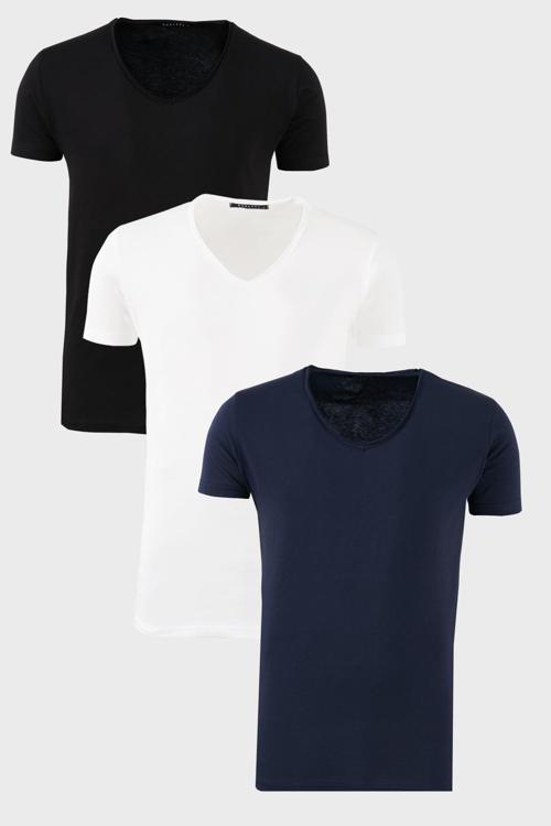 Pamuklu Slim Fit Bisiklet Yaka Baskılı 3'lü Paket Erkek T Shirt 541S31 Siyah-Beyaz-Lacivert