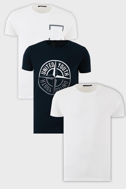 Pamuklu Slim Fit Bisiklet Yaka Baskılı 3'lü Paket Erkek T Shirt 541S31 Lacivert-Beyaz-Beyaz