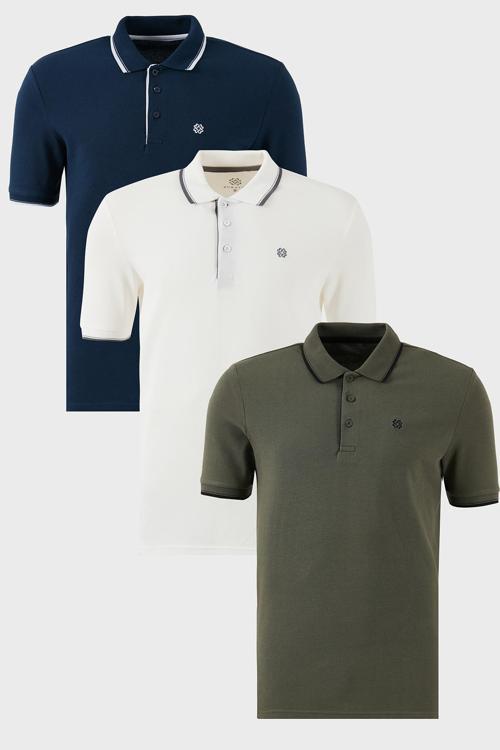 Pamuklu Slim Fit Şerit Detaylı Düğmeli Polo Yaka 3'lü Paket Erkek T Shirt 5902118S3 Beyaz-Haki-İndigo