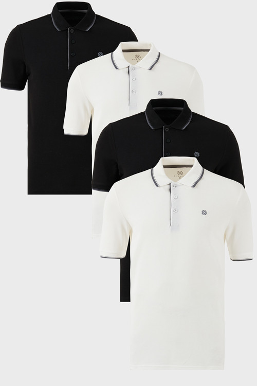 Pamuklu Slim Fit Şerit Detaylı Düğmeli Polo Yaka 4'lü Paket Erkek T Shirt 5902118S4 Siyah-Siyah-Beyaz-Beyaz