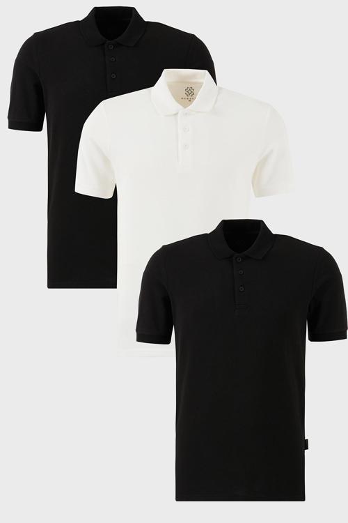 Pamuklu Regular Fit Düğmeli Polo Yaka 3'lü Paket Erkek T Shirt 5902127S3 Siyah-Beyaz-Siyah