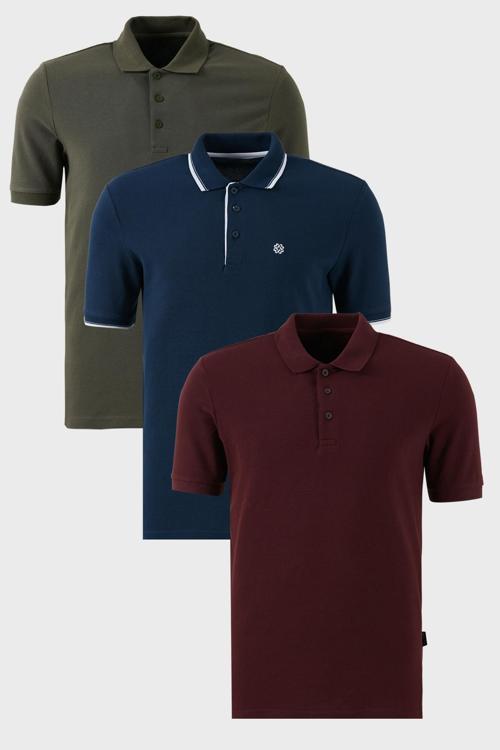 Pamuklu Regular Fit Düğmeli Polo Yaka 3'lü Paket Erkek T Shirt 590211827S3 Vişne-Haki-İndigo