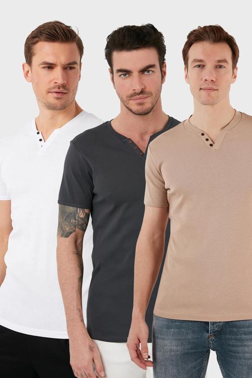 Pamuklu Düğme Detaylı Slim Fit V Yaka 3'lü Paket Erkek T Shirt 5902122S3 Antrasit-Taş-Beyaz