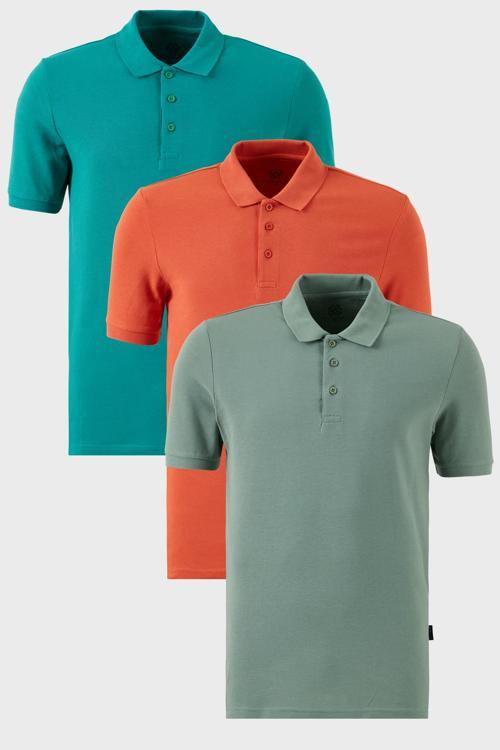 Pamuklu Regular Fit Düğmeli Polo Yaka 3'lü Paket Erkek T Shirt 5902127S3 Tarçın-Benetton-Elma Yeşili