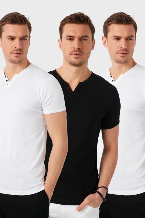 Pamuklu Düğme Detaylı Slim Fit V Yaka 3'lü Paket Erkek T Shirt 5902122S3 Siyah-Beyaz-Beyaz