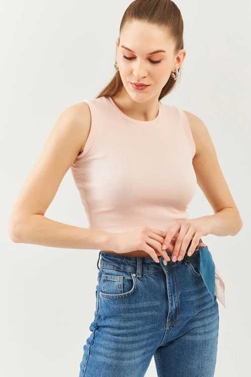Kadın Sıfır Kol Bisiklet Yaka Vücuda Oturan %100 Pamuklu Kaşkorse Esnek Crop Bluz