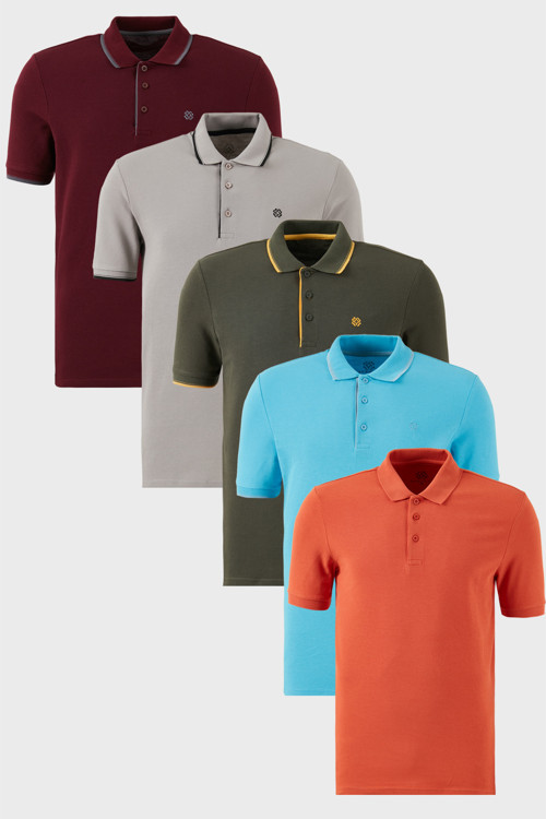 Pamuklu Regular Fit Düğmeli Polo Yaka 5'li Paket Erkek T Shirt 590211827S5 Aquamavi-Hakisarı-Tarçın-Vişne-Taş