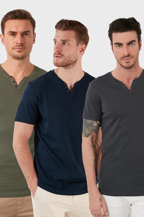 Pamuklu Düğme Detaylı Slim Fit V Yaka 3'lü Paket Erkek T Shirt 5902122S3 Haki-Antrasit-İndigo