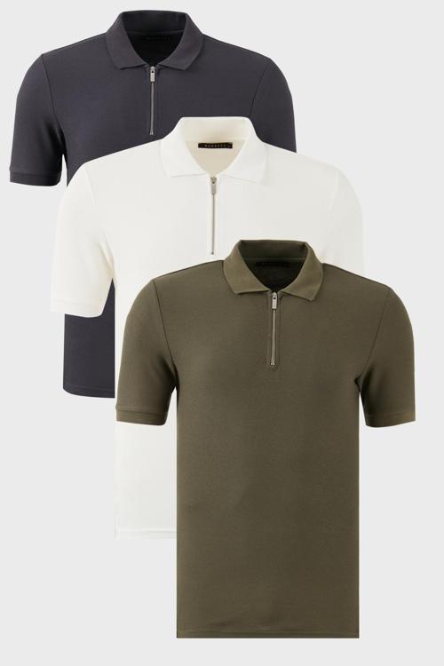 Pamuklu Regular Fit Yarım Fermuarlı 3'lü Paket Erkek Polo Yaka T Shirt 5902434S3 Ekru-Haki-Antrasit