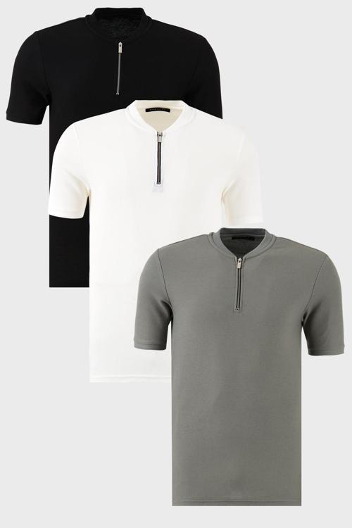 Pamuklu Regular Fit Yarım Fermuarlı Kolej Yaka 3'lü Paket Erkek T Shirt 5902653S3 Siyah-Beyaz-Açık Haki
