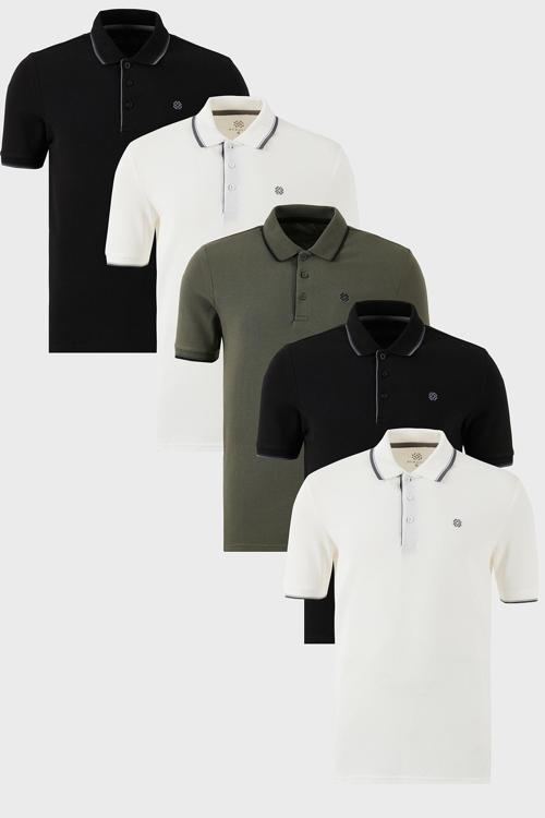 Pamuklu Slim Fit Şerit Detaylı Düğmeli Polo Yaka 5'li Paket Erkek T Shirt 5902118S5 Siyah-Siyah-Beyaz-Beyaz-Haki