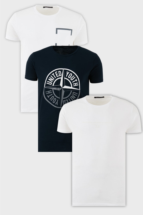 Pamuklu Slim Fit Bisiklet Yaka Baskılı 3'lü Paket Erkek T Shirt 541S31 Lacivert-Beyaz-Beyaz
