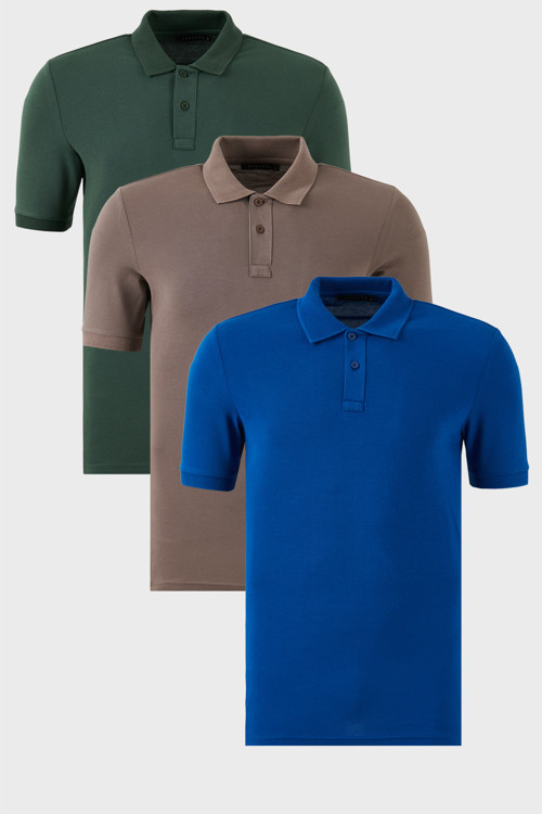 Pamuklu Regular Fit Düğmeli 3'lü Paket Erkek Polo Yaka T Shirt 5902739S3 Nefti-Vizon-Saks