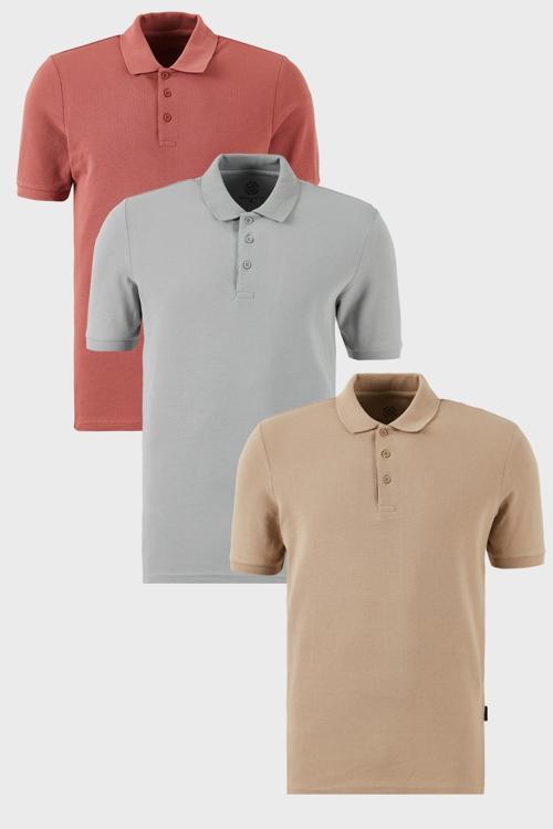 Pamuklu Regular Fit Düğmeli Polo Yaka 3'lü Paket Erkek T Shirt 5902127S3 Gül-Vizon-Kül