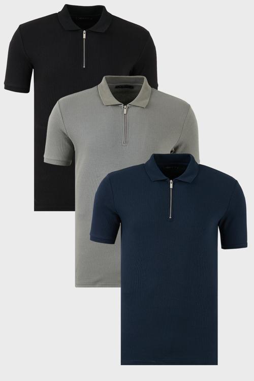 Pamuklu Regular Fit Yarım Fermuarlı 3'lü Paket Erkek Polo Yaka T Shirt 5902738S3 Siyah-Açık Haki-İndigo