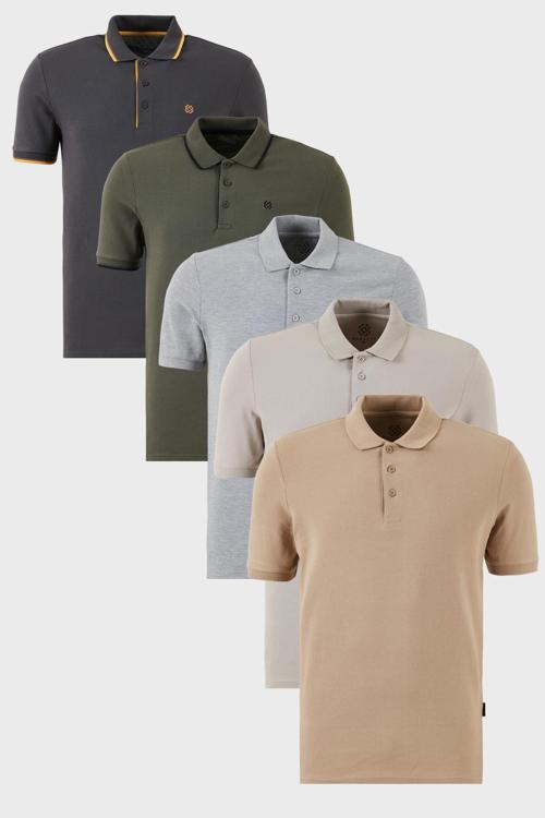Pamuklu Regular Fit Düğmeli Polo Yaka 5'li Paket Erkek T Shirt 590211827S5 Gri Melanj-Antrasit-Haki-Kül-Vizon