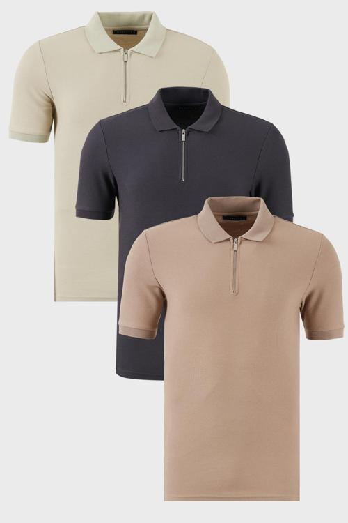 Pamuklu Regular Fit Yarım Fermuarlı 3'lü Paket Erkek Polo Yaka T Shirt 5902434S3 Taş-Antrasit-Vizon