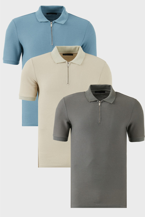Pamuklu Regular Fit Yarım Fermuarlı 3'lü Paket Erkek Polo Yaka T Shirt 5902434S3 Taş-Açık Haki-Mavi