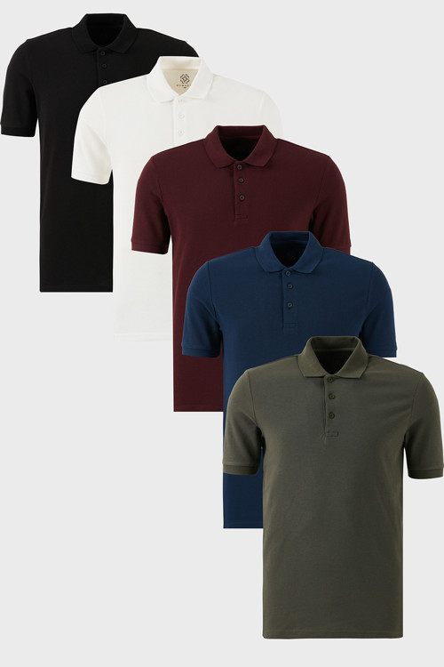 Pamuklu Regular Fit Düğmeli Polo Yaka 5'li Paket Erkek T Shirt 5902127S5 Siyah-Beyaz-Haki-Vişne-İndigo