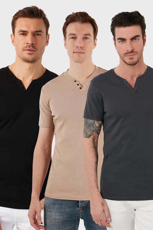 Pamuklu Düğme Detaylı Slim Fit V Yaka 3'lü Paket Erkek T Shirt 5902122S3 Antrasit-Taş-Siyah