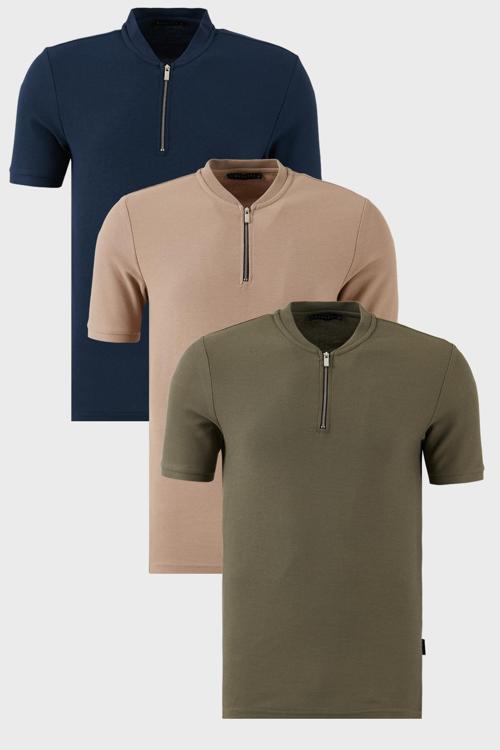 Pamuklu Regular Fit Yarım Fermuarlı Kolej Yaka 3'lü Paket Erkek T Shirt 5902653S3 Vizon-Haki-Lacivert