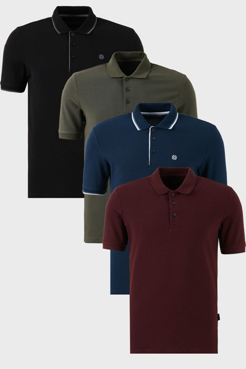 Pamuklu Regular Fit Düğmeli Polo Yaka 4'lü Paket Erkek T Shirt 590211827S4 Siyah-İndigo-Vişne-Haki