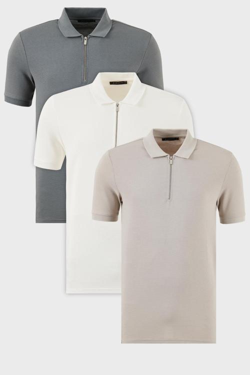 Pamuklu Regular Fit Yarım Fermuarlı 3'lü Paket Erkek Polo Yaka T Shirt 5902915S3 Beyaz-Açık Haki-Gri