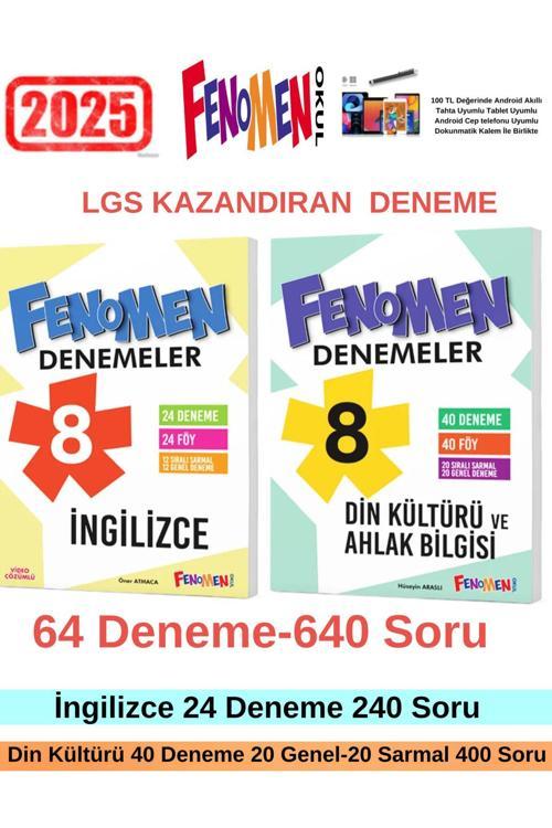 2025 8.Sınıf İngilizce 24-Din Kültürü 40 Adet 640 Soru Deneme Seti+Android Kalem