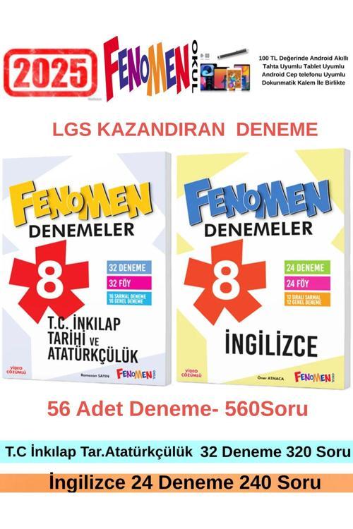 2025 8.Sınıf T.C İnk.Tarihi 32-İngilizce 24 Adet 560 Soru Deneme Seti+Android Kalem