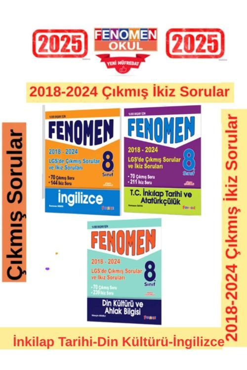 Fenomen Yayıncılık 2025 8.Sınıf İngilizce-İnkilap Tarihi-Din Kültürü 2018-2024 Lgs Çıkmış İkiz Sorular Seti
