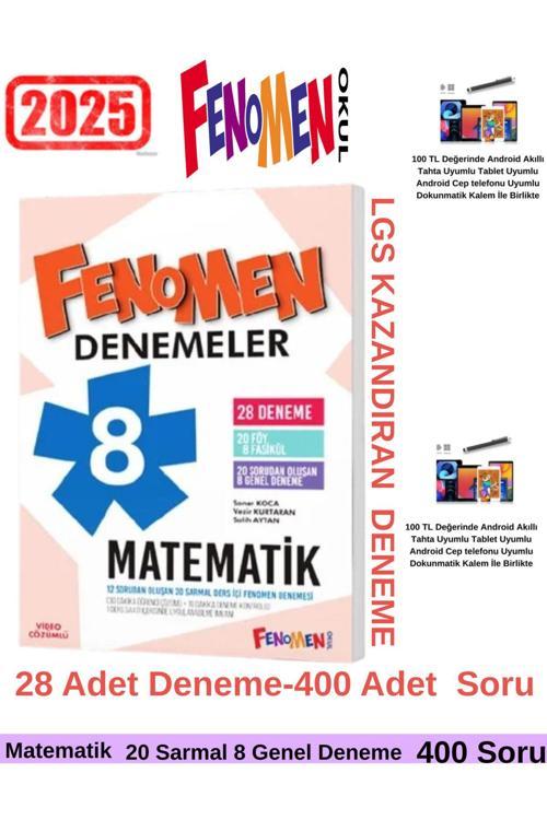 2025 8. Sınıf Lgs Hazırlık Matematik 20 Sarmal-8 Genel Deneme 28 Adet Deneme+Android Kalem